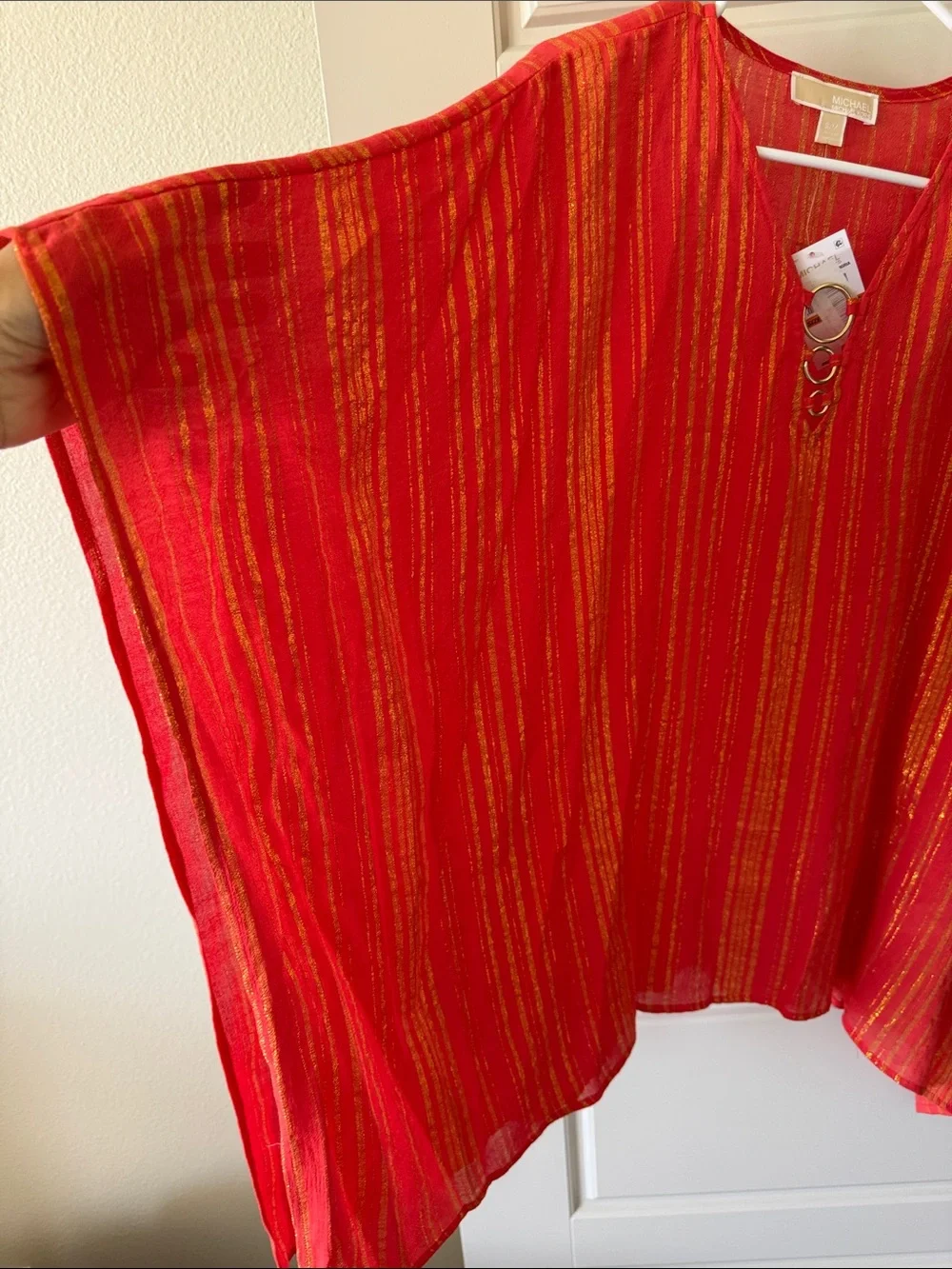 Michael Kors Orange Tunic with Gold Metallic Stripes and Ring Detail